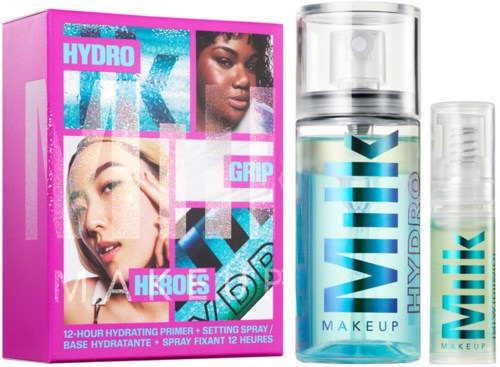 Hydraterende primer set met spray, bevat roze doos, twee flessen en afbeeldingen van vrouwen, gericht op skincare.