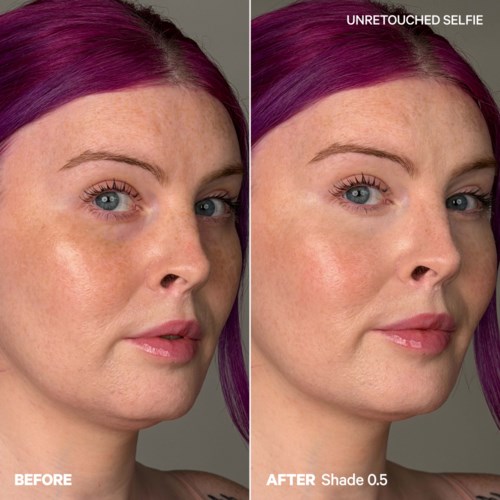 Vergleich eines Frauen Gesichts vor und nach Make-up mit Ton 0.5, zeigt glattere Haut und verbesserte Merkmale.