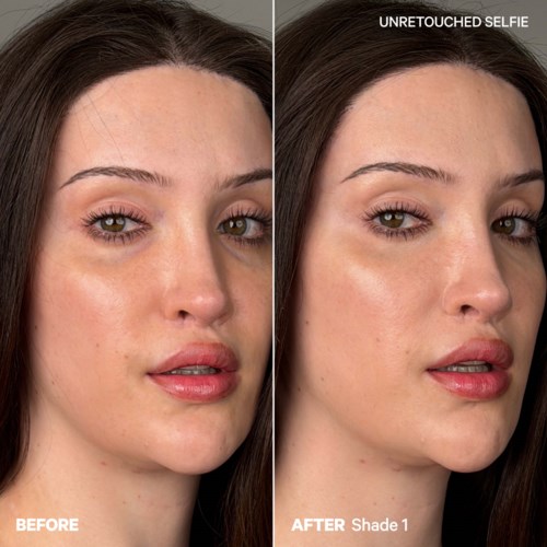 Side-by-side images show a woman's face before and after applying a product called Shade 1 for unretouched selfies.