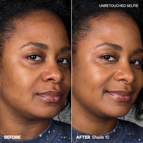 A woman's face shows before and after skin brightening, with smoother skin and improved tone in the after image.
