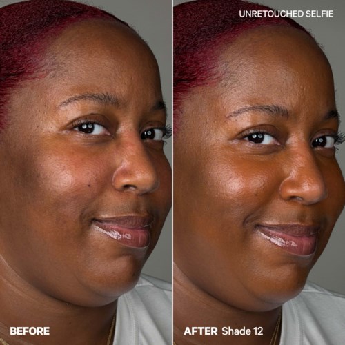 Comparison showing skin improvements after using shade 12 sunscreen, labeled 'before' and 'after' images.