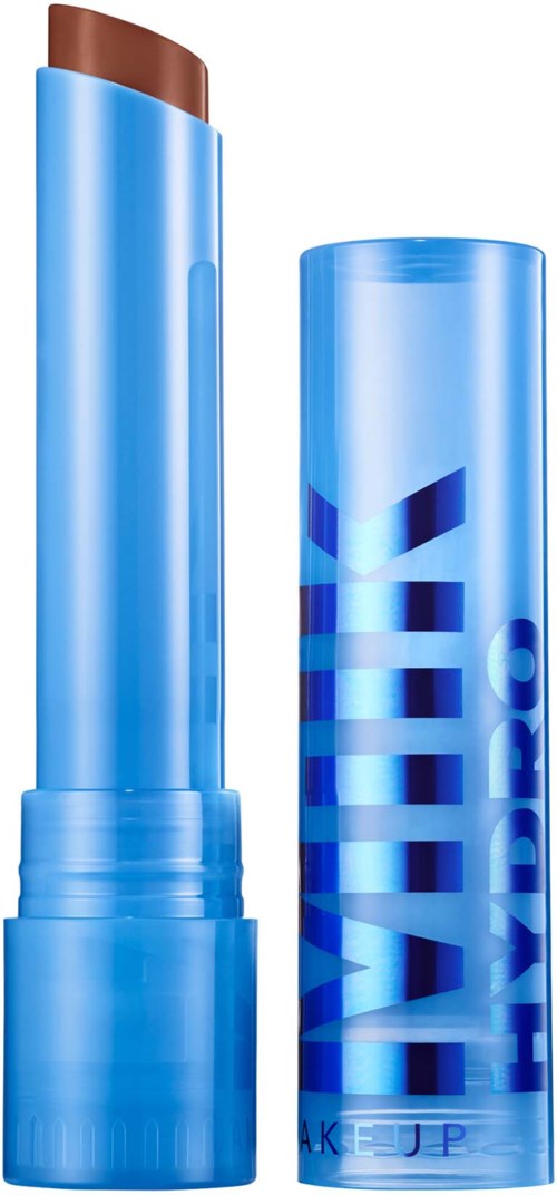 Blue lip balm tube with a brown tip, labeled "GLOSS" and "HYDRO."