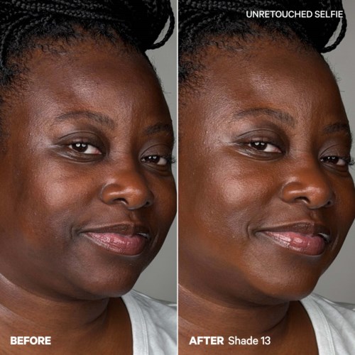 Side-by-side photos show a woman with clearer, smoother skin after using Shade 13 makeup. No makeup look on the left.