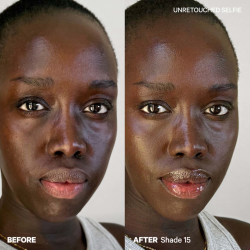 Side-by-side photos show a woman before and after using a skincare product, with improved skin clarity and texture.