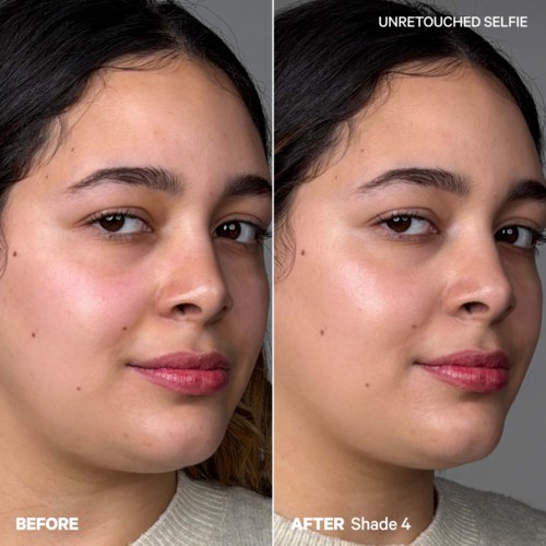 Comparison of a woman's face before and after makeup removal, showing clearer skin and natural look after.