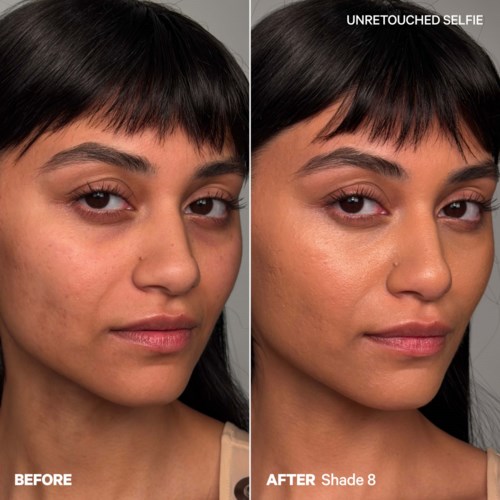 Side-by-side comparison showing skin improvement after using shade 8 makeup. The skin looks smoother and clearer.