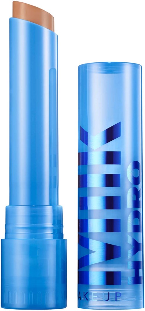 Blue lipstick with the brand name 'VIVID' on the tube. The lipstick is a neutral beige shade.