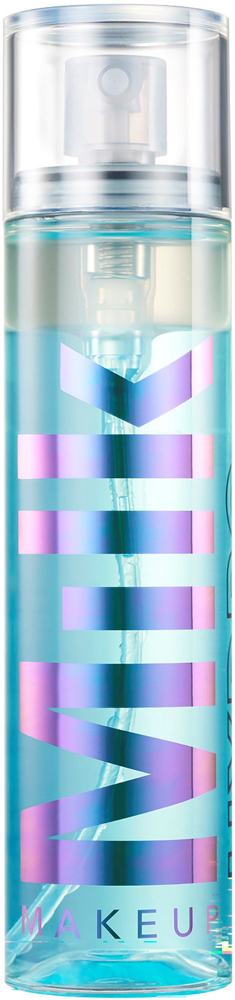 Een doorzichtbare sprayfles met blauwe vloeistof erin, gemarkeerd met kleurrijke tekst, op een zwarte achtergrond.