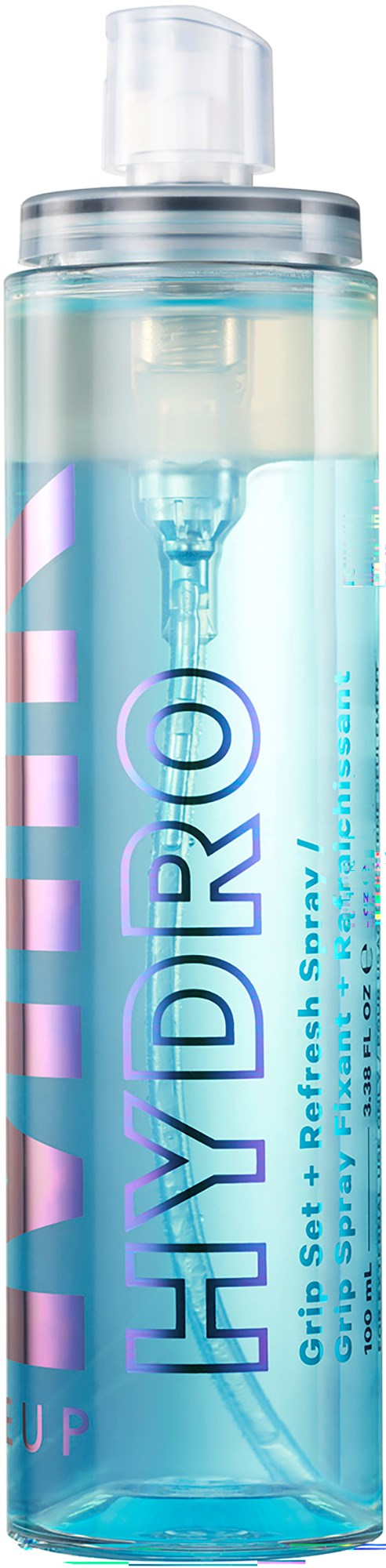 Een doorzichtige sprayfles met blauwe vloeistof, gelabeld 'HYDRO' en 'UP'. Het heeft een witte spraydop en een cilindrische vorm.