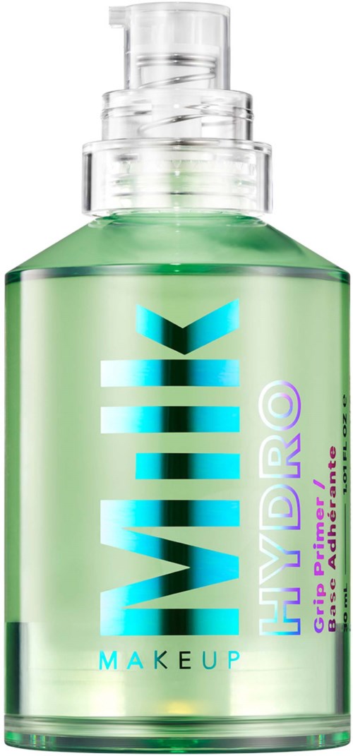 A gel bottle with a clear pump, labeled 'HYDRIO' in large blue letters, and 'MAKEUP' below. Greenish liquid inside.