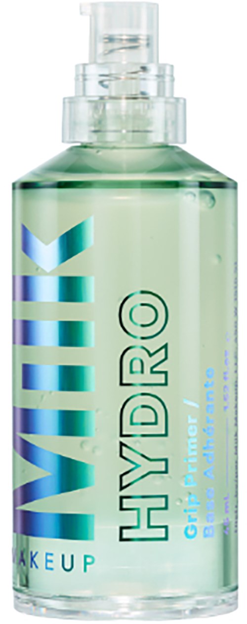 Een heldere sprayfles met Hydra voor make-up, met blauw en groen ontwerp en sproeikop.
