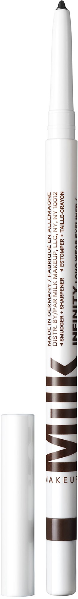 Een witte make-upstift met 'MILK' erop en een zwarte dop, bedoeld voor cosmetische toepassing.