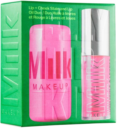 Felroze lip- en cheek stain en lipolie in verpakking met heldere groene en roze kleuren.