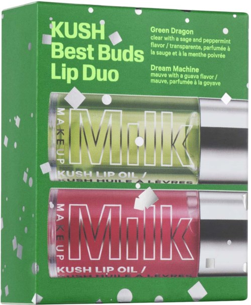 Een groene doos met twee lipolie-flessen, een groen en een roze, met productnamen en beschrijvingen.