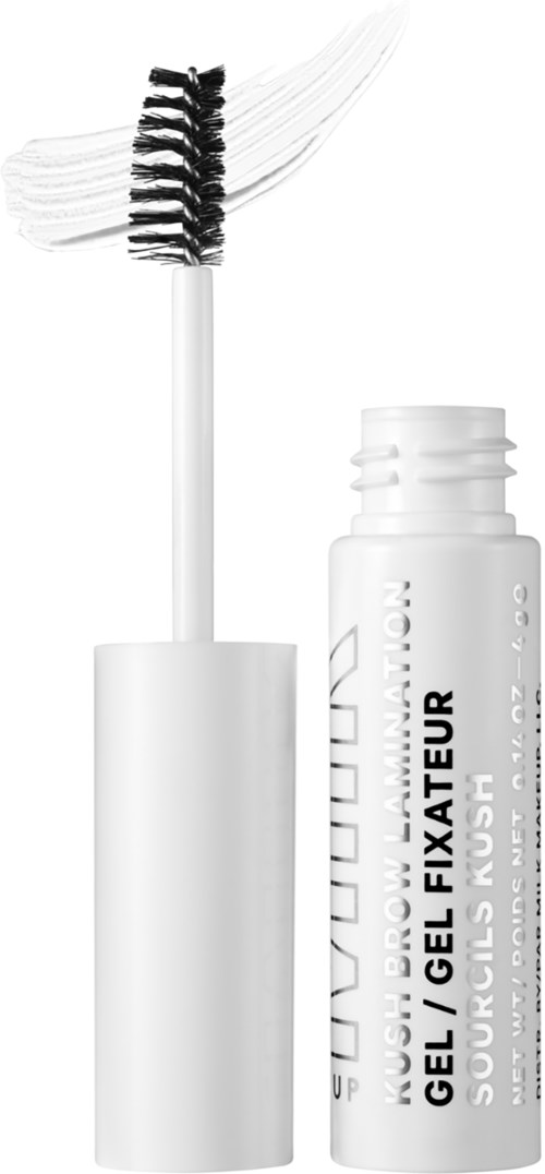 Een witte tube wenkbrauwgel met zwarte borstelapplicator en wat gel erop.