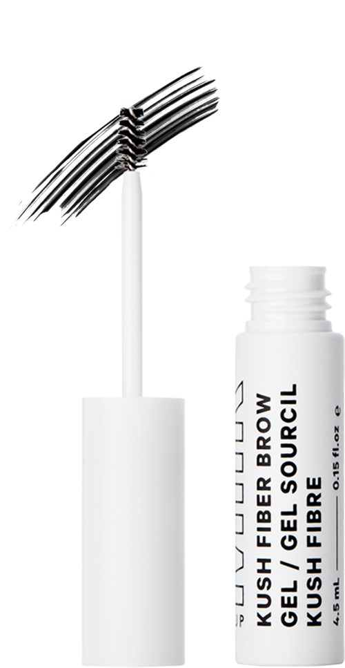 Eine weiße Tube mit der Aufschrift "KUSH FIBRE BRUSH GEL GELL SOURCIL" mit einer Mascara-Bürste oben. Einfaches Design, keine Verzierungselemente.