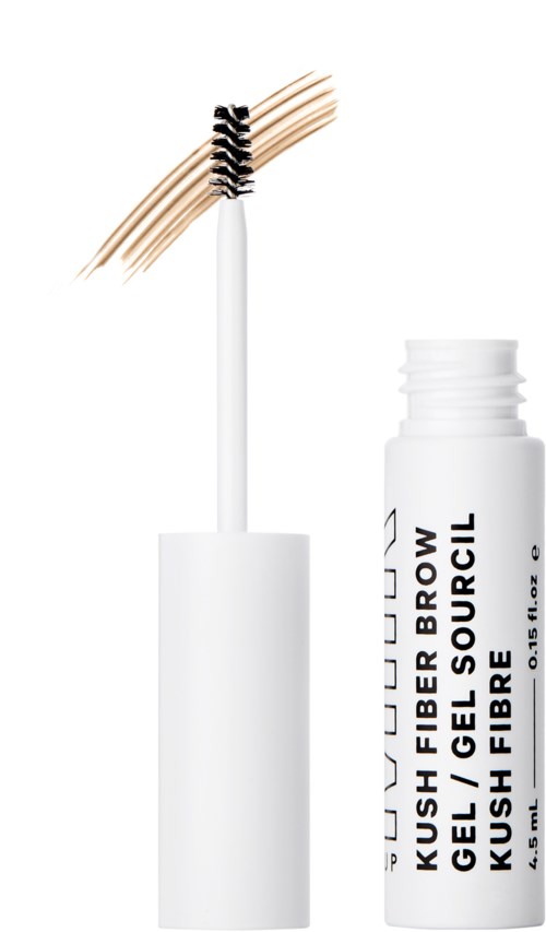 Eine weiße Tube mit einer Bürste, die ein Augenbrauengel zeigt. Die Tube ist mit 'KUSH FIBER BROW GEL' und 'KUSH FIBRE' bedruckt.
