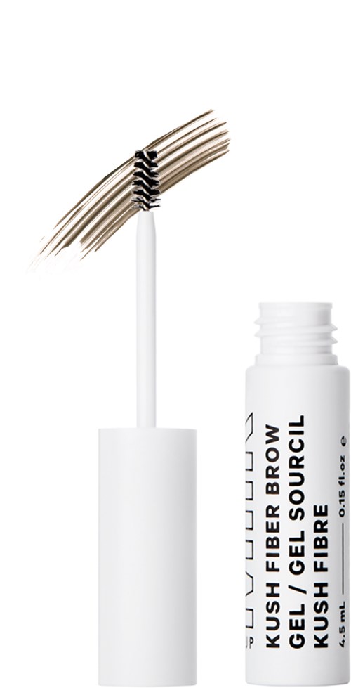 Een witte tube met labels, een borsteltje en zwarte gel. Voor wenkbrauwverzorging.