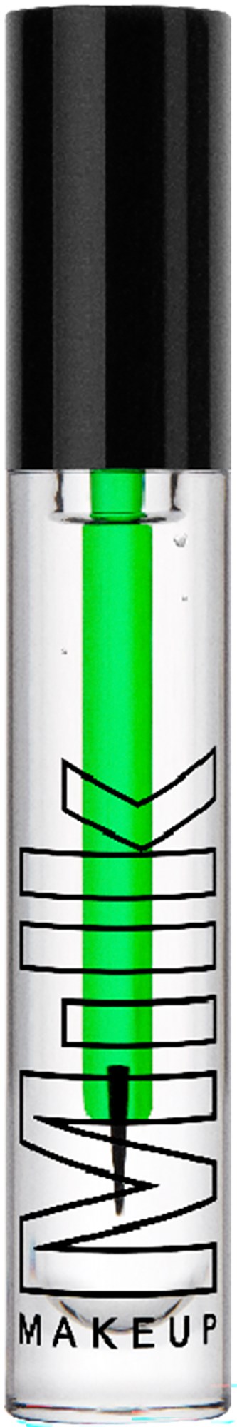 Make-up tube met groene vloeistof binnen, zwarte dop en doorzichtig lichaam dat de inhoud laat zien.