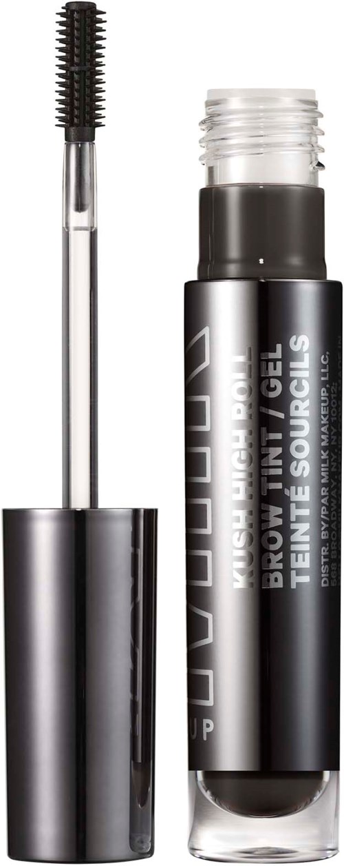 Eyebrow gel tube with a wand applicator inside a shiny silver and black container.