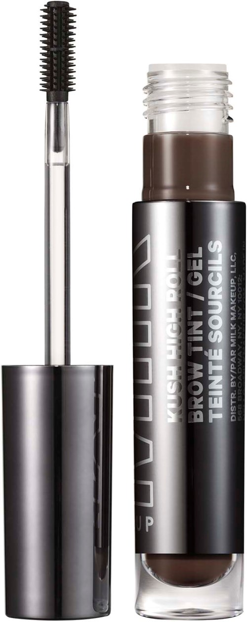 A brow gel container with an attached brush, partially twisted open to show the gel inside.