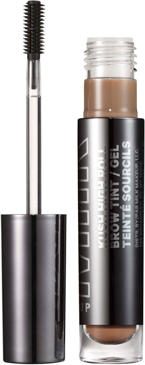 Ein Augenbrauengel-Tube mit Bürste, in Schwarz und Silber, enthält hellbraune Gel.