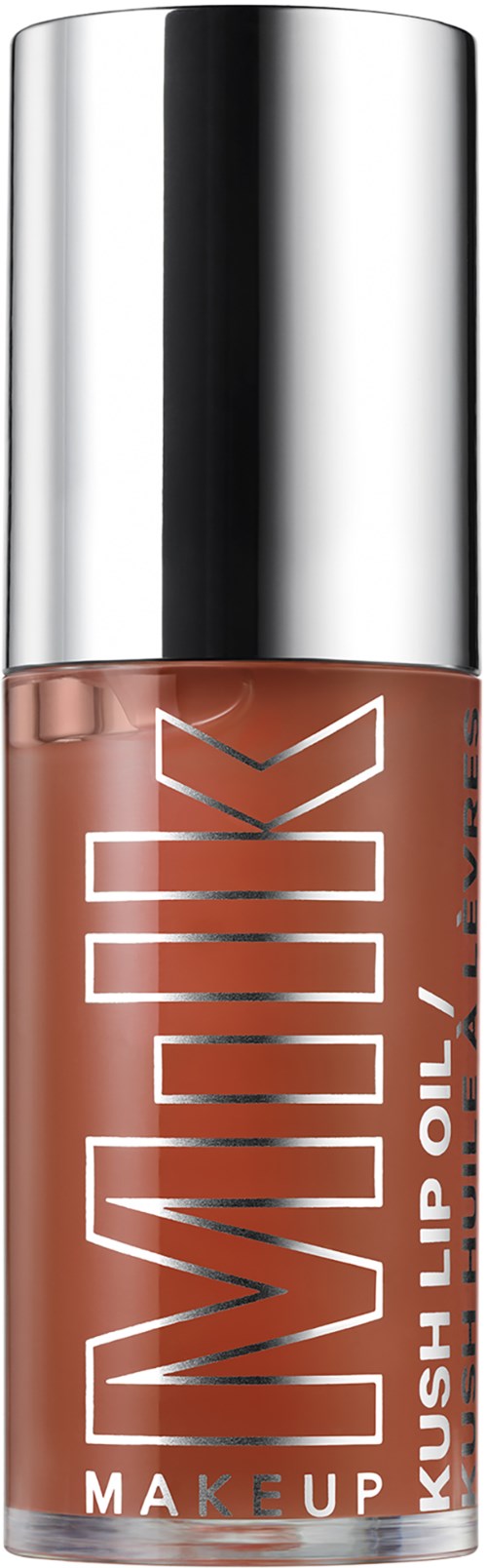 A small bottle of makeup lip oil with a silver cap and brownish lip gloss inside.