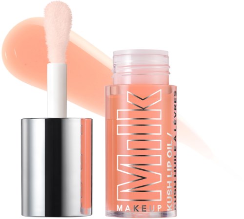 Lippenbalsemcontainer met perzikkleurige glans en zachte applicatorborstel, achtergrond met perzik- en beige streken.