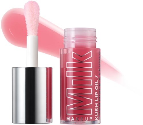 Pink lip gloss container with applicator and a pink streak on a white background.