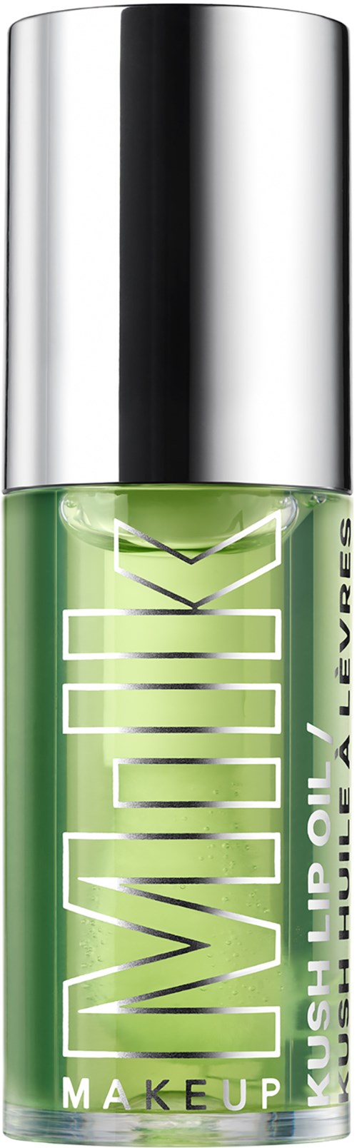 Green lip gloss bottle with a silver cap and big white text saying 'VOLUME'.
