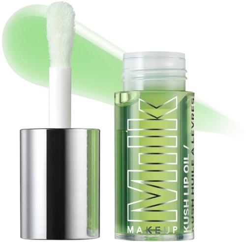 Lip gloss container with a green tint and applicator showing. Background has green brushstrokes and a drop of gloss.