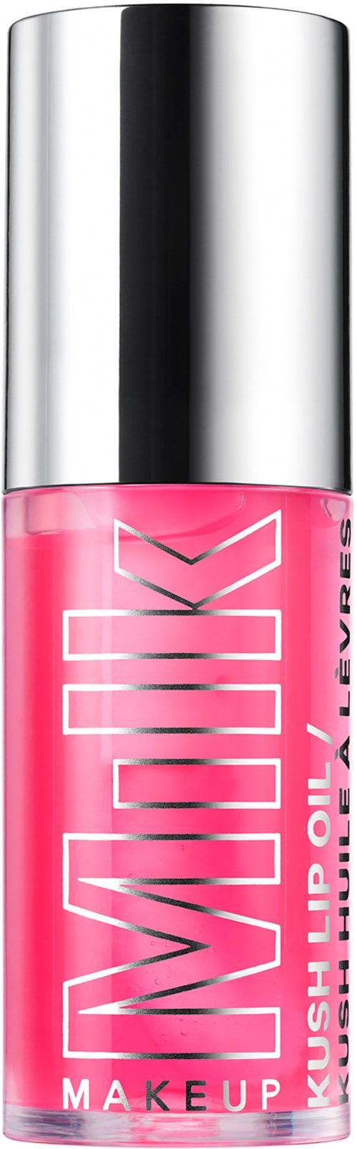 Pink lip gloss container with silver cap, bold text on the bottle, and a black background.