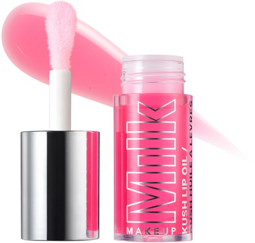 Pink lip gloss in a transparent container with a white and silver applicator. Lip gloss is visible inside.