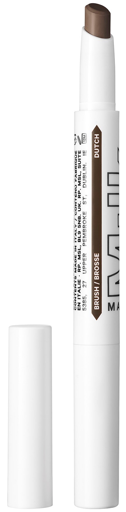 A white marker with a brown tip and a cap, featuring black and brown text on its body.