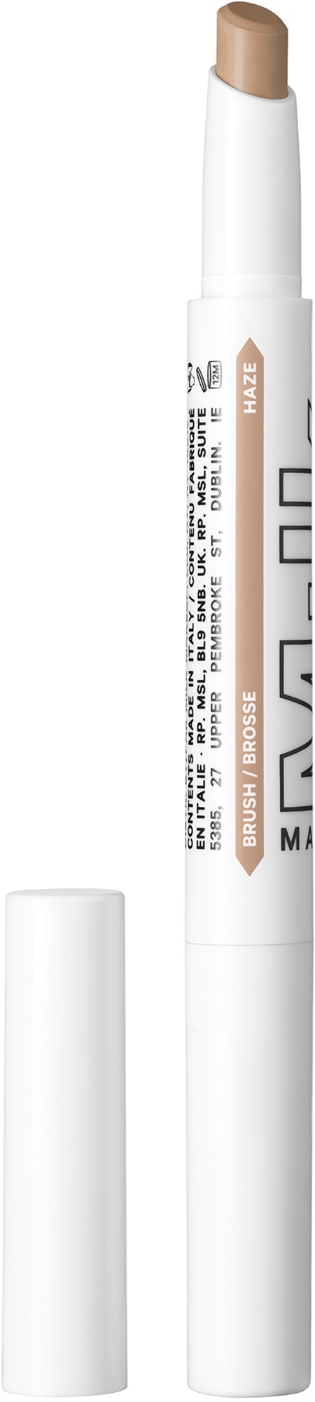 A beige makeup stick with a white cap, labeled with text, and its cap is placed below it.