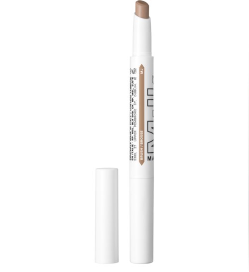 A beige dual-ended cosmetic marker with a cap, one side with a fine tip and the other with a broad tip.