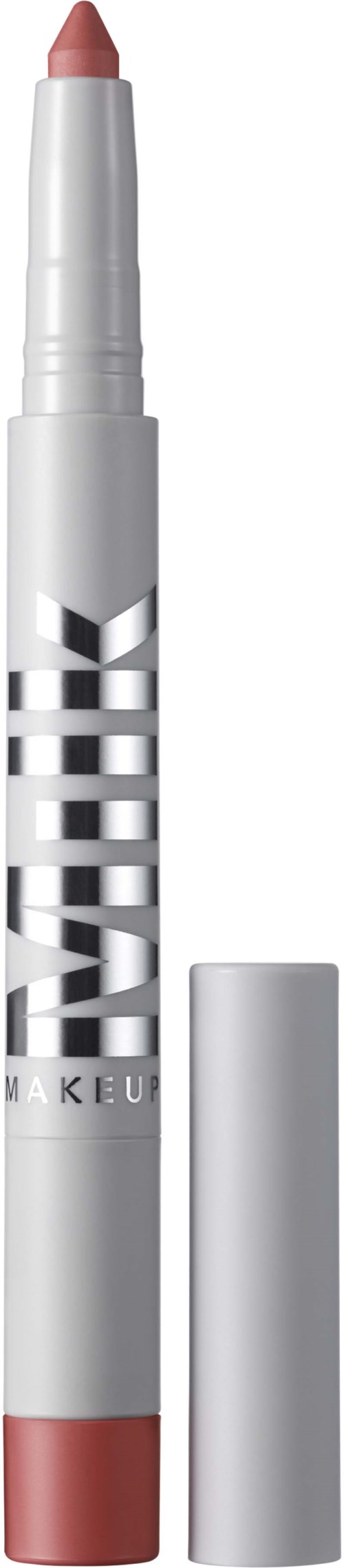 Makeup-stift med rosa-beige färg och silverkropp med svart och vitt text, avtaget lock som visar produkten.