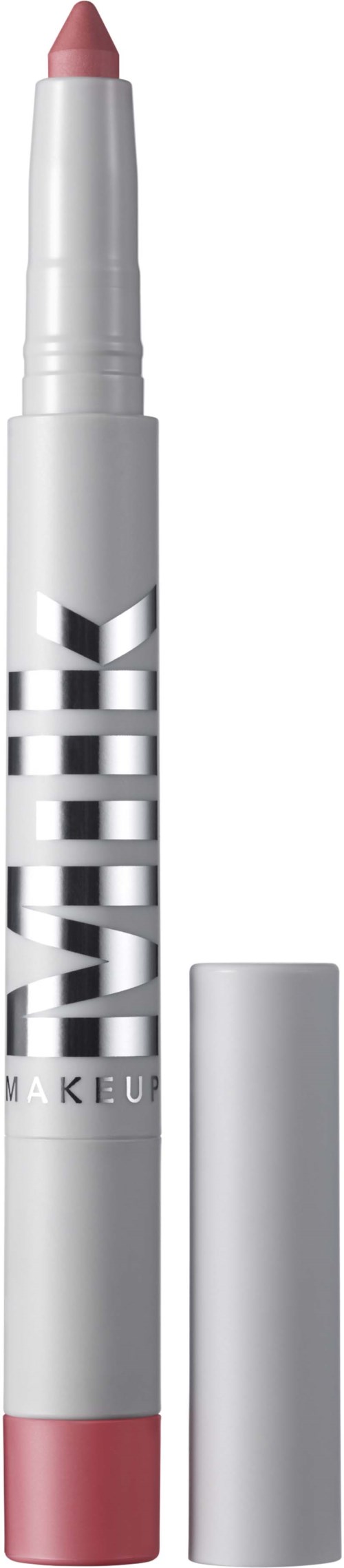 En makeup-penna i ett silver- och rosa fodral med avtagbart lock, visar en mjuk rosa färg.