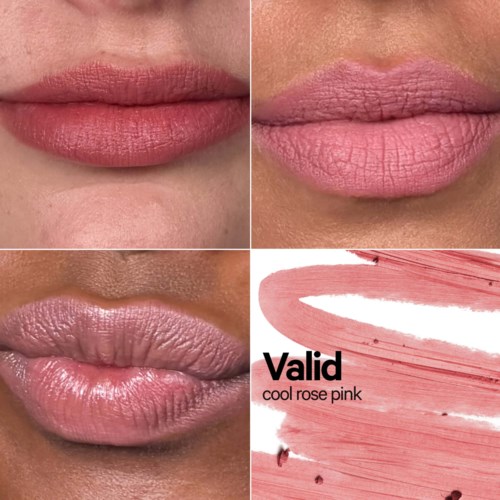 Täckning av cool rosa röd läppstift med varumärket Valid på en bakgrund av penseldrag.