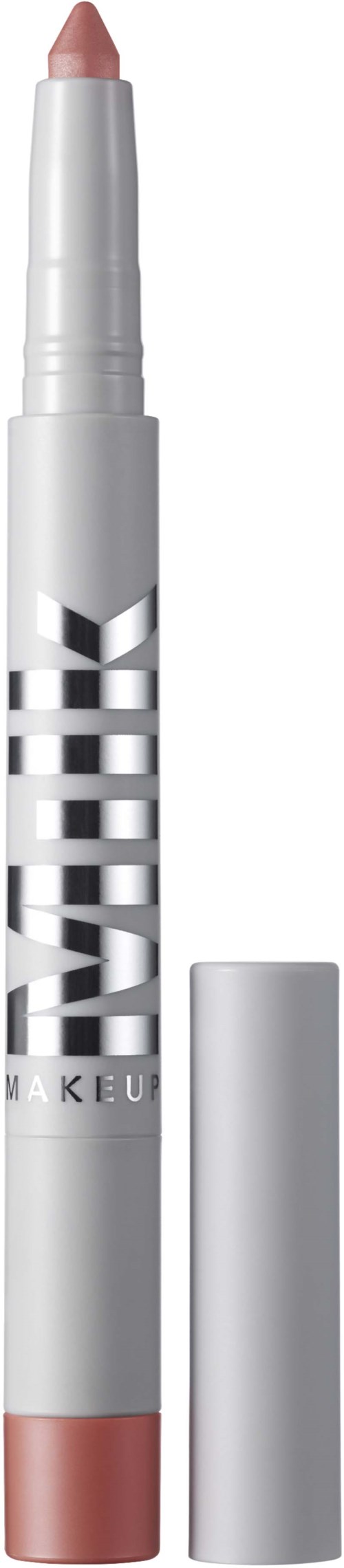 Makeup-stift i en vit tub med silver- och svart text, med locket avlägsnat och visar en nudefärgad pinne.