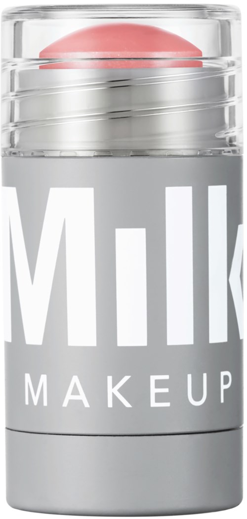Eine Flasche mit einem pinken Make-up-Schwamm darin, beschriftet "M.I.L.K MAKEUP."