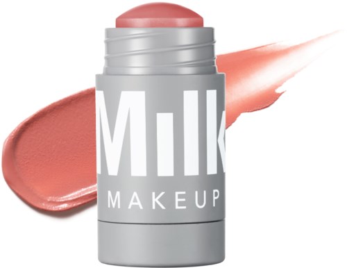 Een roze make-upstift en een pot met het label "Milk Makeup" met roze crème eromheen.