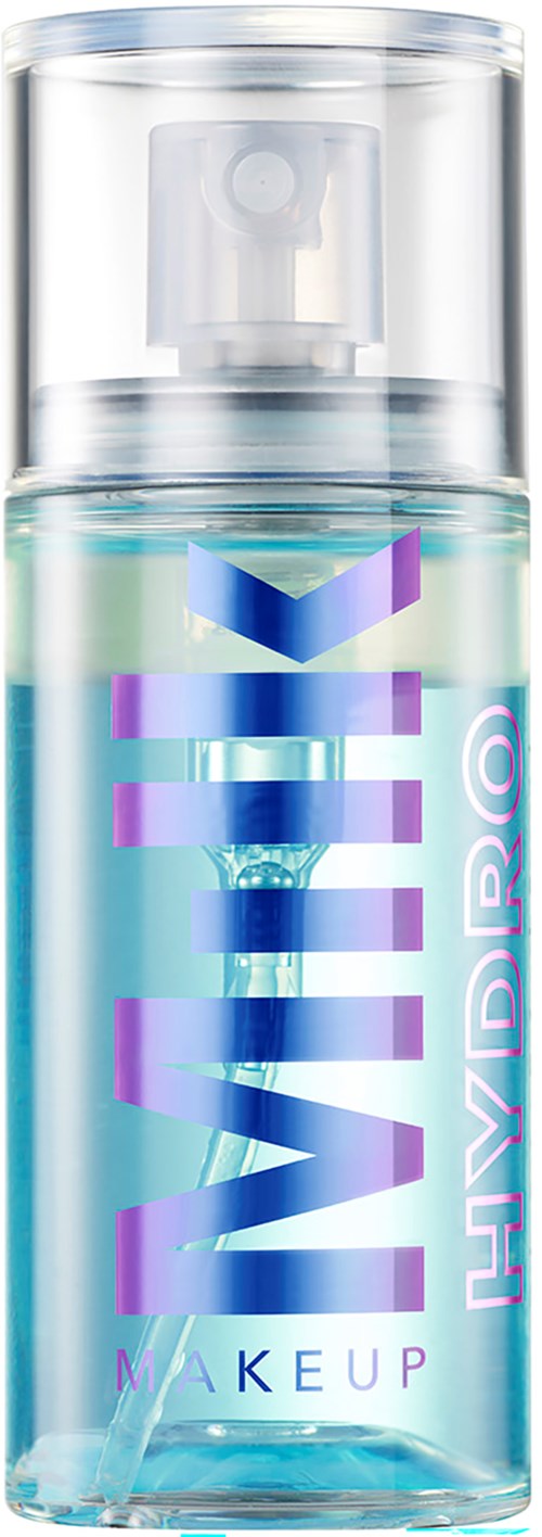 Eine klare Sprühflasche mit 'VIVI HYBRID MAKEUP'-Beschriftung und blauer Flüssigkeit.