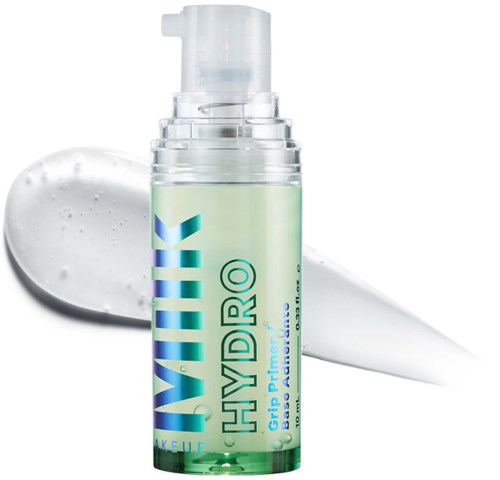 Hydro Stick fles met groene vloeistof, pompdop en een druppel gel of serum op witte achtergrond.