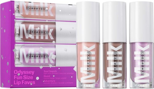 Drei Lipgloss und drei Lippenprodukte in Pink, Nude und Lila im violetten Karton.