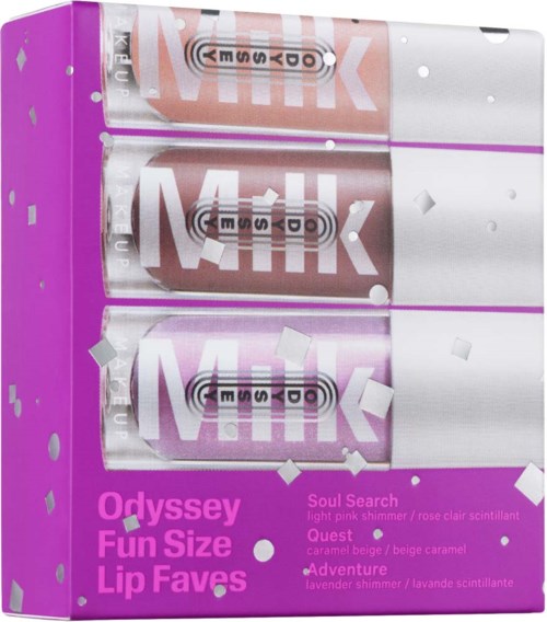 Ein Set mit drei gefärbten Lipglossen in einer lila Schachtel, beschriftet Odyssey Fun Size Lip Faves, mit Konfetti drumherum.