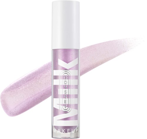 A makeup product with purple shimmery gloss and a white cap. The brand name is on the bottle.