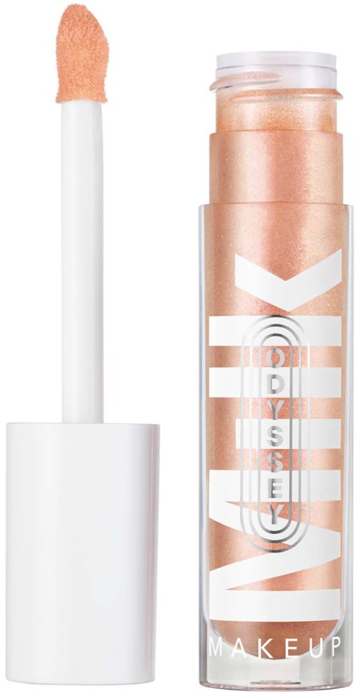 A lip gloss tube with a peach-colored gloss inside and a white applicator wand.