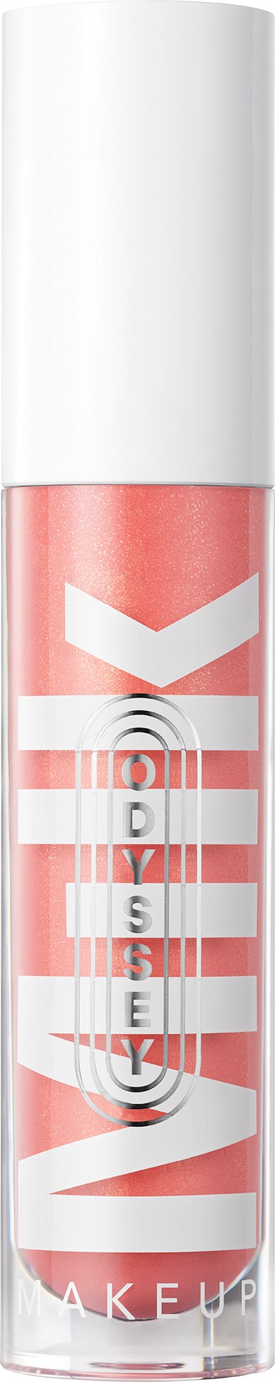 A lipstick tube with a clear finish, showing pinkish lipstick inside, and marked with large white text and a logo.