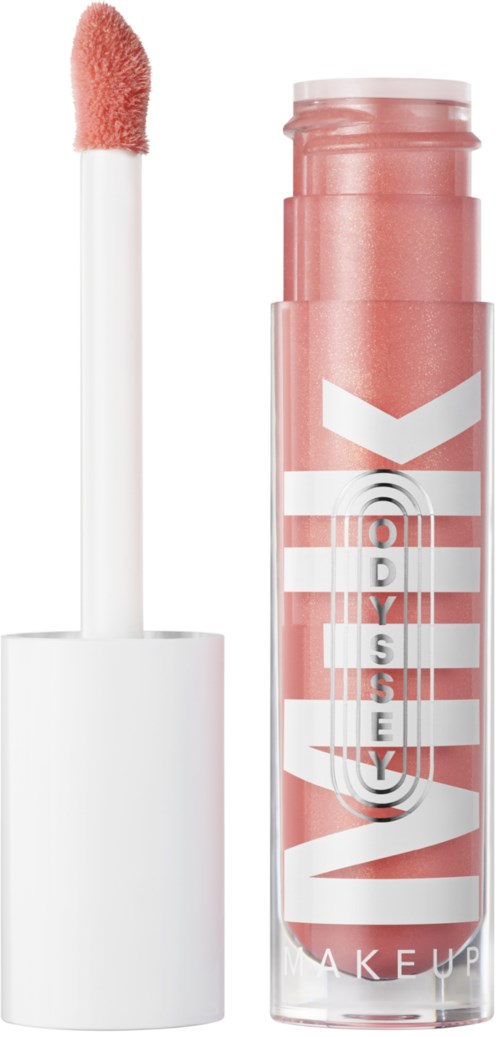 Lip gloss tube with pink gloss and an applicator wand.